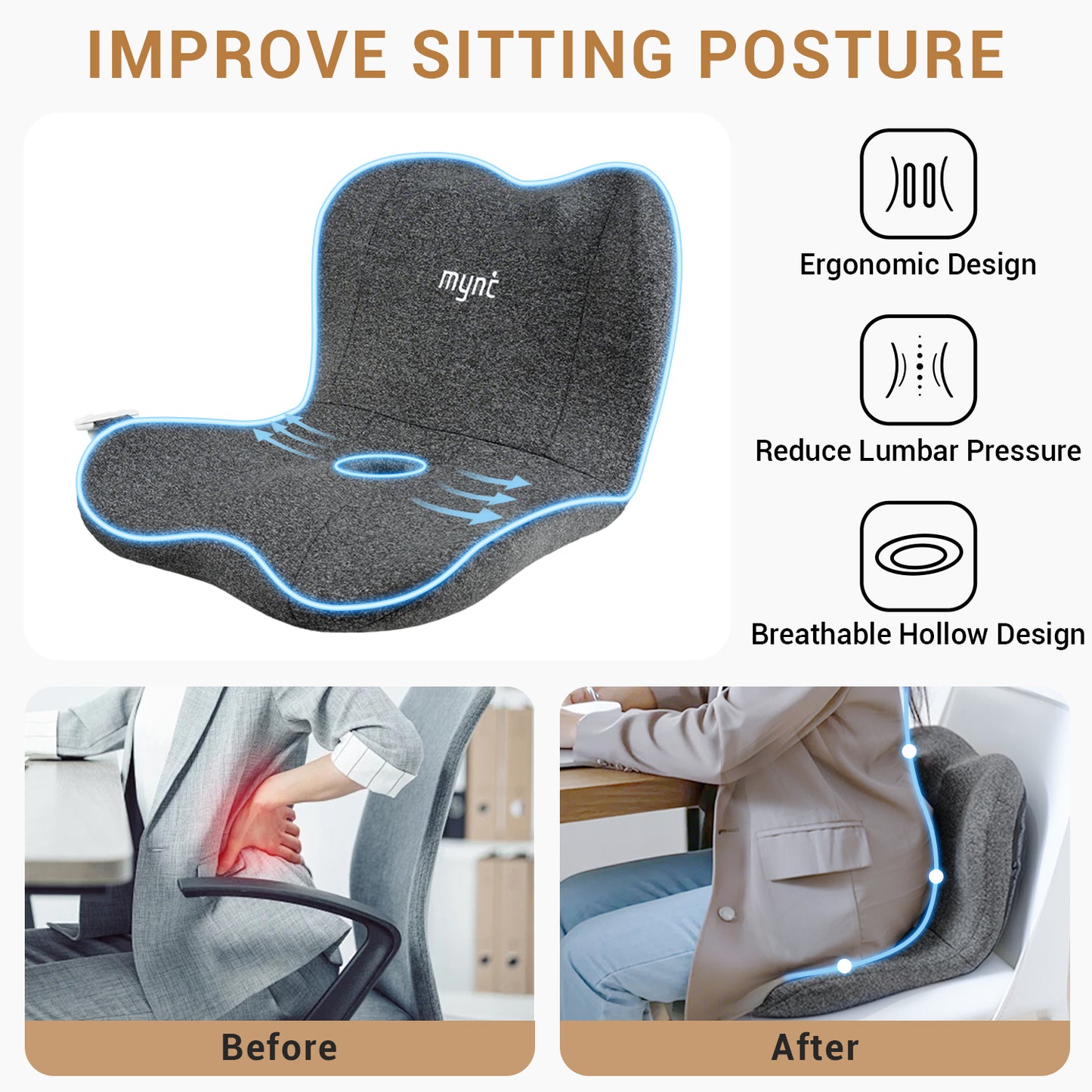 Mynt Lumbar & Hip Rolling Massage Seat Cushion with Heat